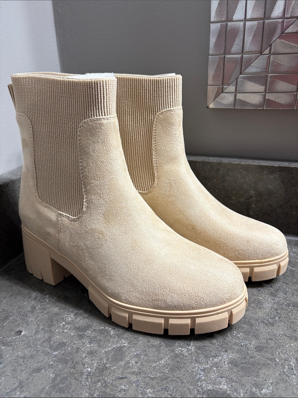 IDIFU Nude Chelsea Chunky Lug Sole Ankle Boots